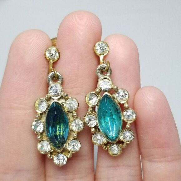 Vintage Blue Marquise Rhinestone Dangle Clip On Earrings, Gold Tone Setting - Picture 5 of 6